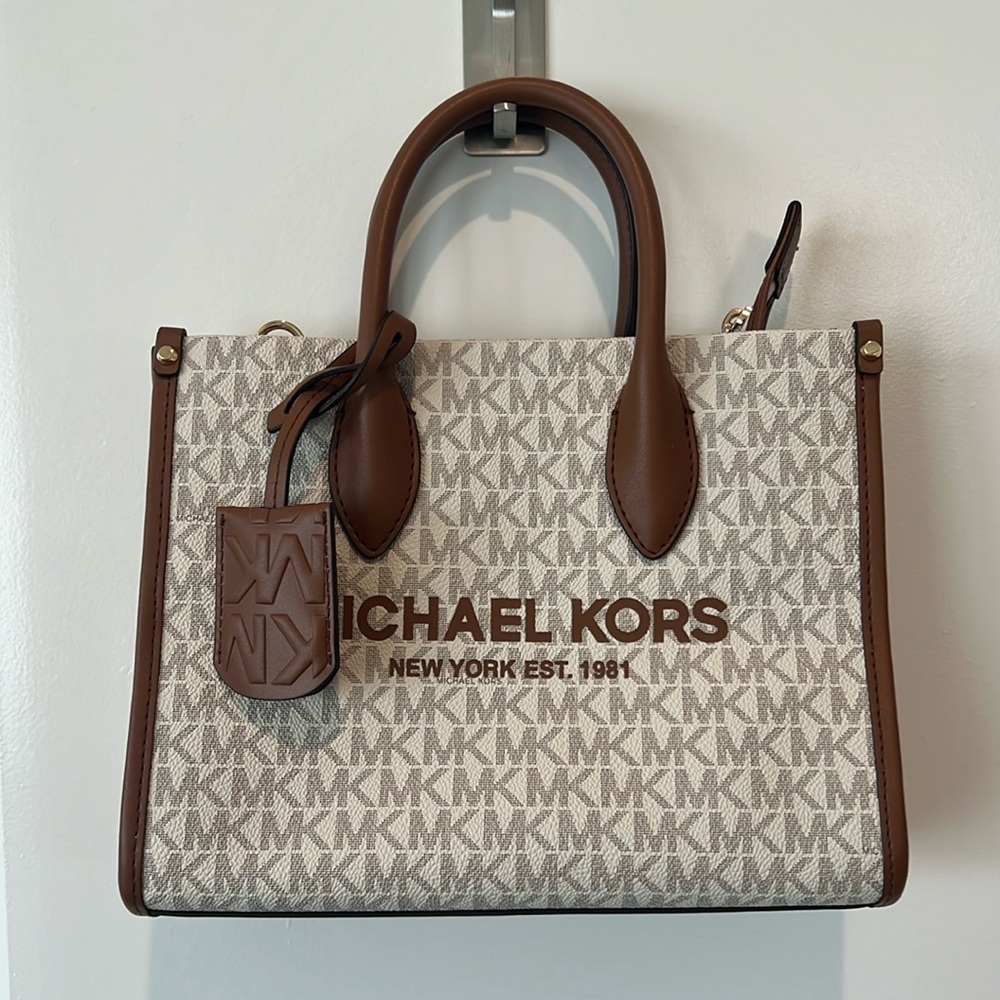 nwt MICHEAL KORS Mirella Small Logo Tote Bag Shopper VANILLA/ BROWN - Picture 2 of 8
